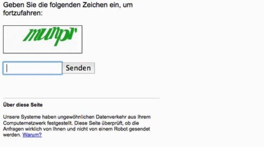 Google meldet ungewöhnlichen Datenverkehr Capcha Code Screenshot